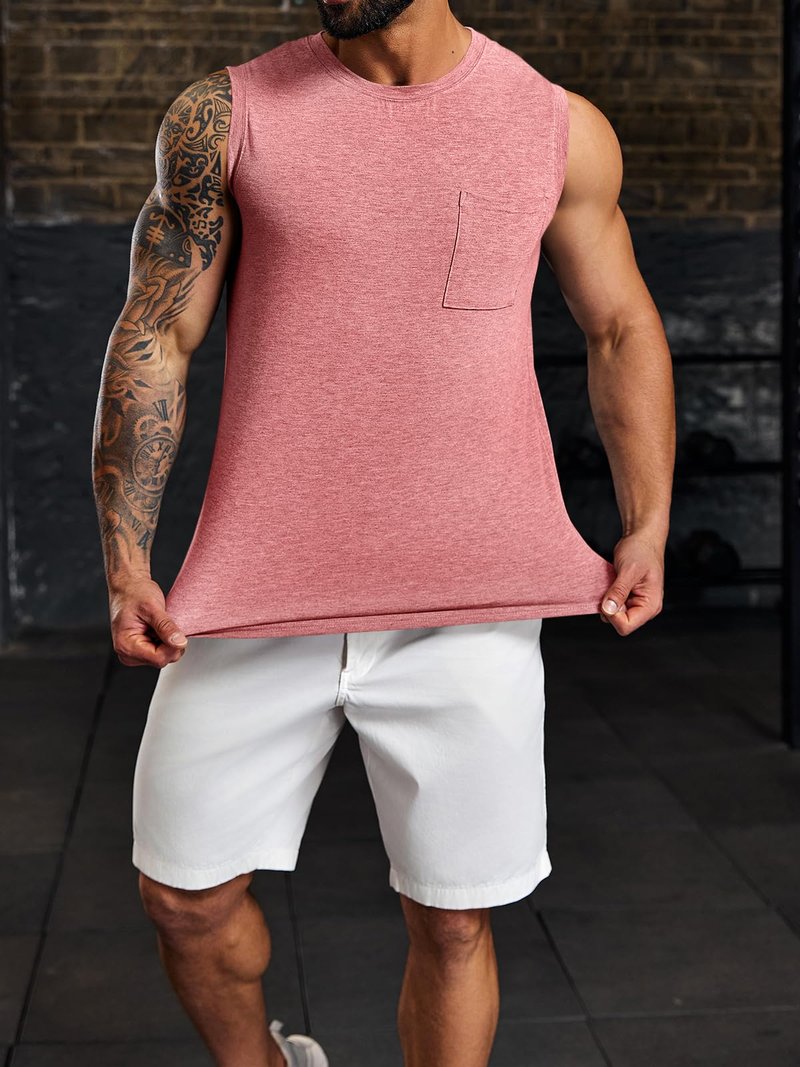 Wihion Men's Sleeveless Gym Tank Tops with Pocket Workout Bodybuilding Muscle T Shirts Pink