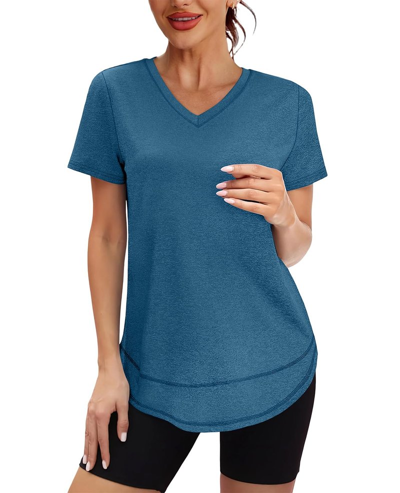 Oversized Tshirts for Women Dry Fit Plus Size Spring Clothes Summer Athletic Tops Workout Shirts V Neck Blue Green 3XL