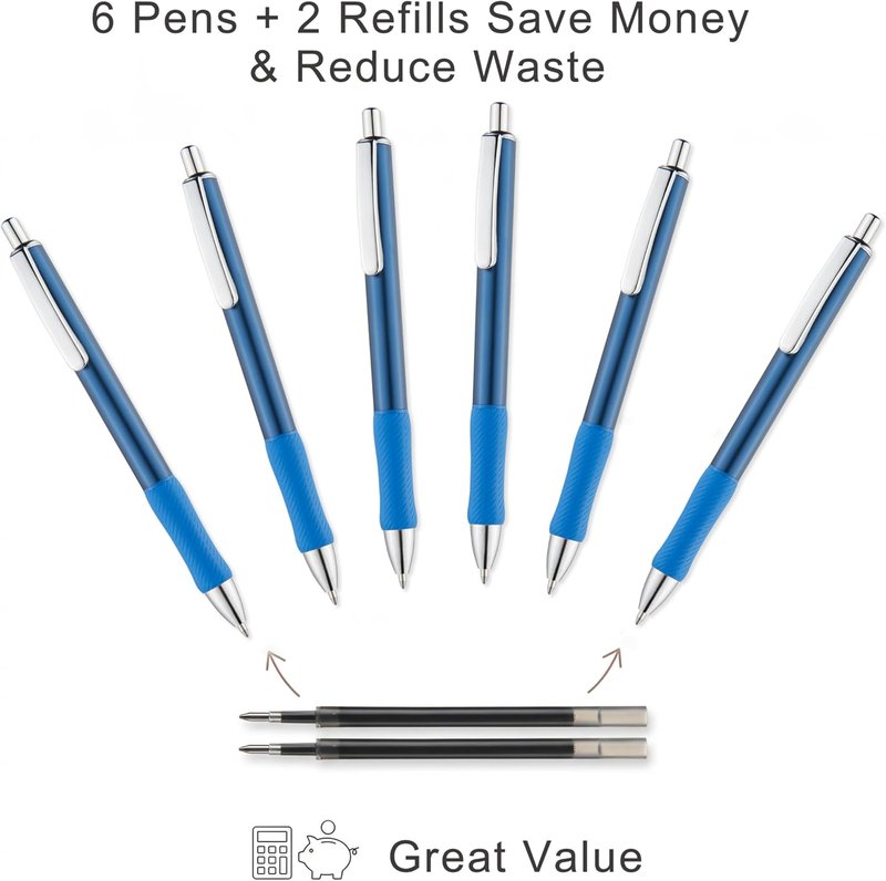 Premium Metal Gel Pens - 6 Pack with 2 Extra Refills | Blue Barrel, 0.7mm Medium Point for Smooth Writing
