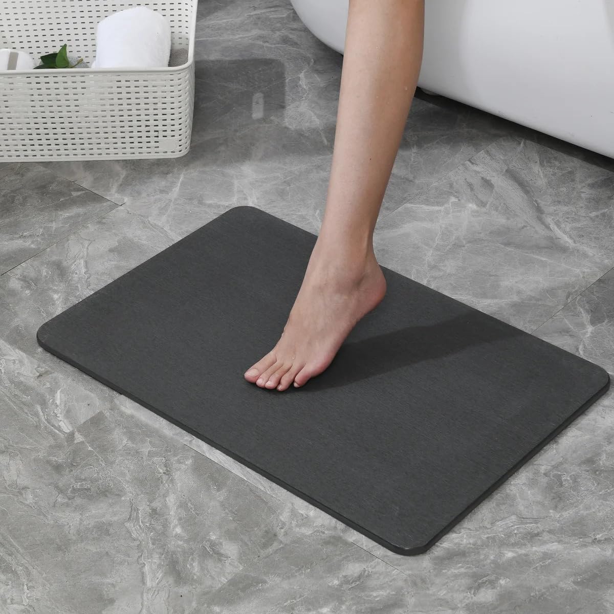 J&V TEXTILES Stone Bath Mat Diatomaceous Earth Shower Mat Non-Slip Super Absorbent Diatomite Stone Mats for Bathroom Floor Quick-Drying Easy to Clean (24''*15'') (Matte Black)