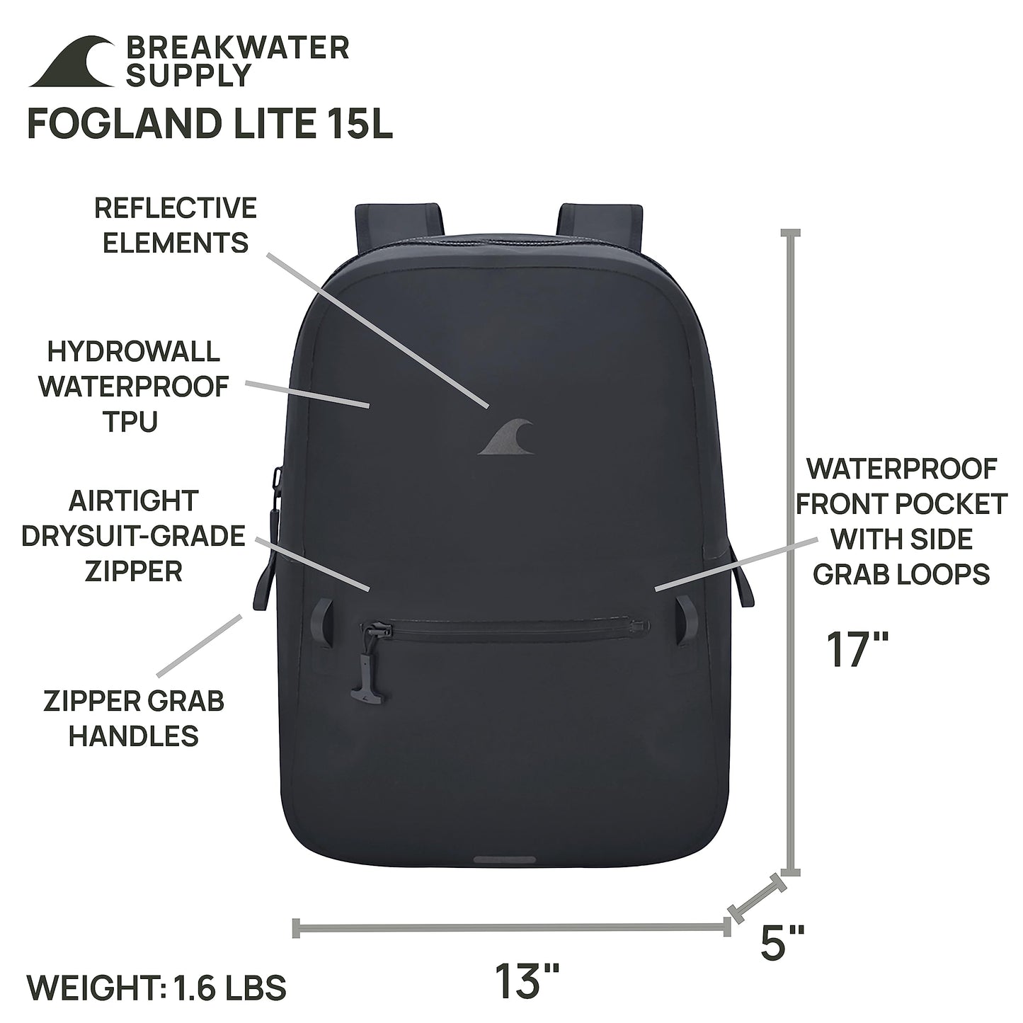 Breakwater Supply™ Fogland Lite Small Waterproof Submersible Backpack with Laptop Sleeve & Airtight Zippers for Outdoors, Surfing, Kayaking, Hiking, Cycling, Unisex TPU Dry Bag (Stealth Black, 15L)