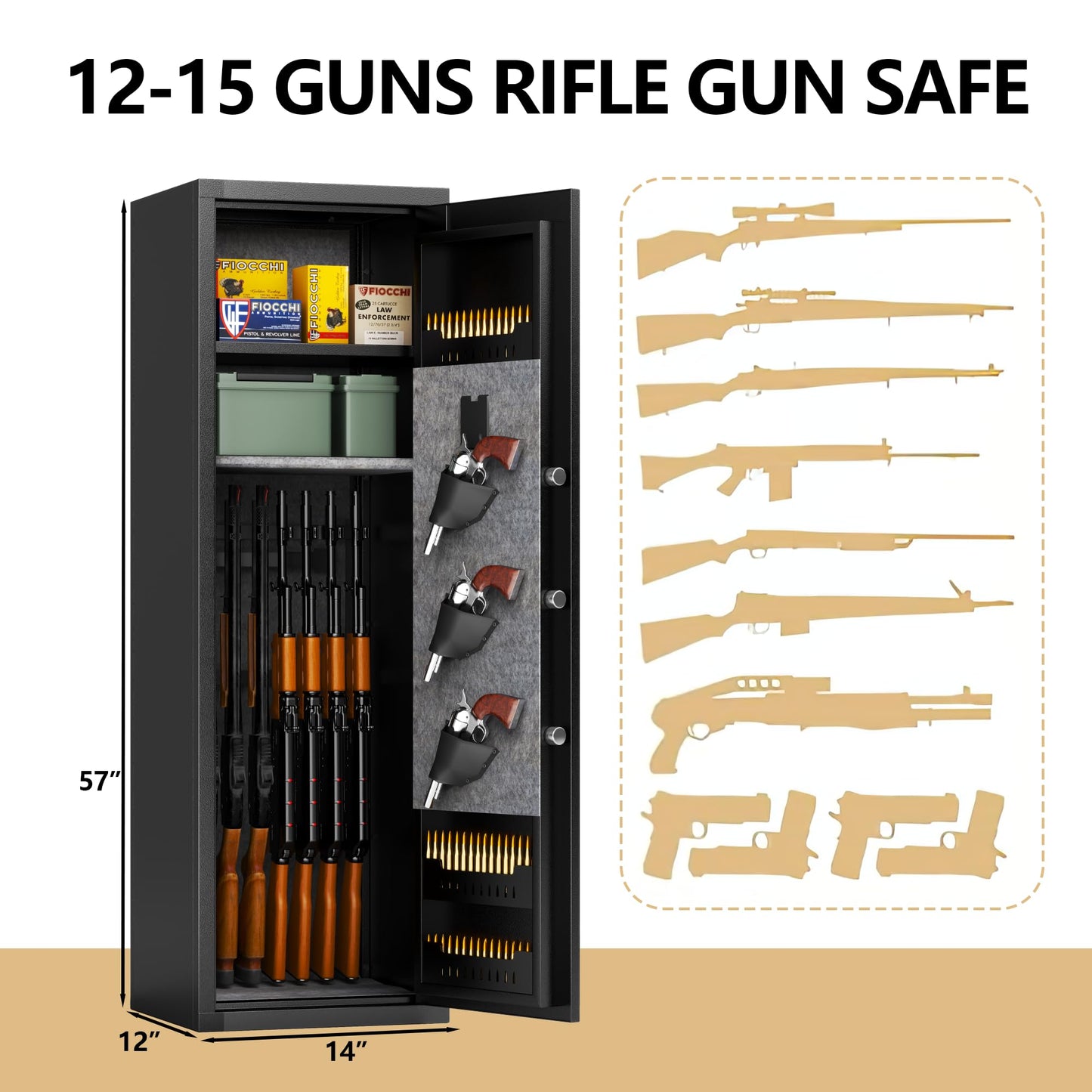 15-17 Gun Safe, 57'' Safe, 0.1s Fingerprint Unlock Gun Safe for Rifles and Pistols, Gun Cabinet Safe for Handgun with Adjustable Shelves, Suitable for Rifles, Pistols &Shotguns（1Pack)