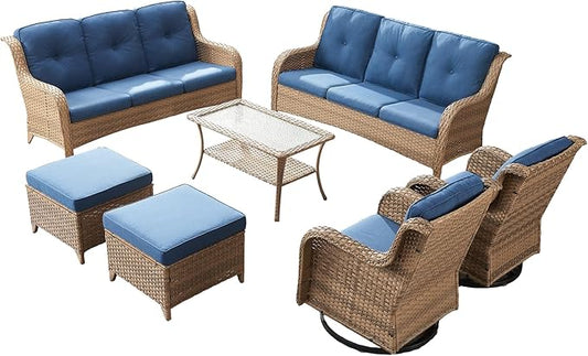 Rilyson Patio Furniture Swivel Chairs Set - 7 PC Wicker Rattan Outdoor Sectional Conversation Sets with 2 Rocking Chairs,2 Ottoman,2 Sofa and 1 Coffee Table for Porch Deck Garden(Yellow/Blue)