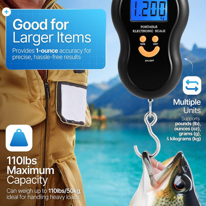 Flexzion Portable Luggage Weight Scale - 110lb/50kg Weight Capacity Luggage Scale Travel Digital with Backlit LCD Display, Handle, & Hook for Bags & Fishing - AAA Batteries Included