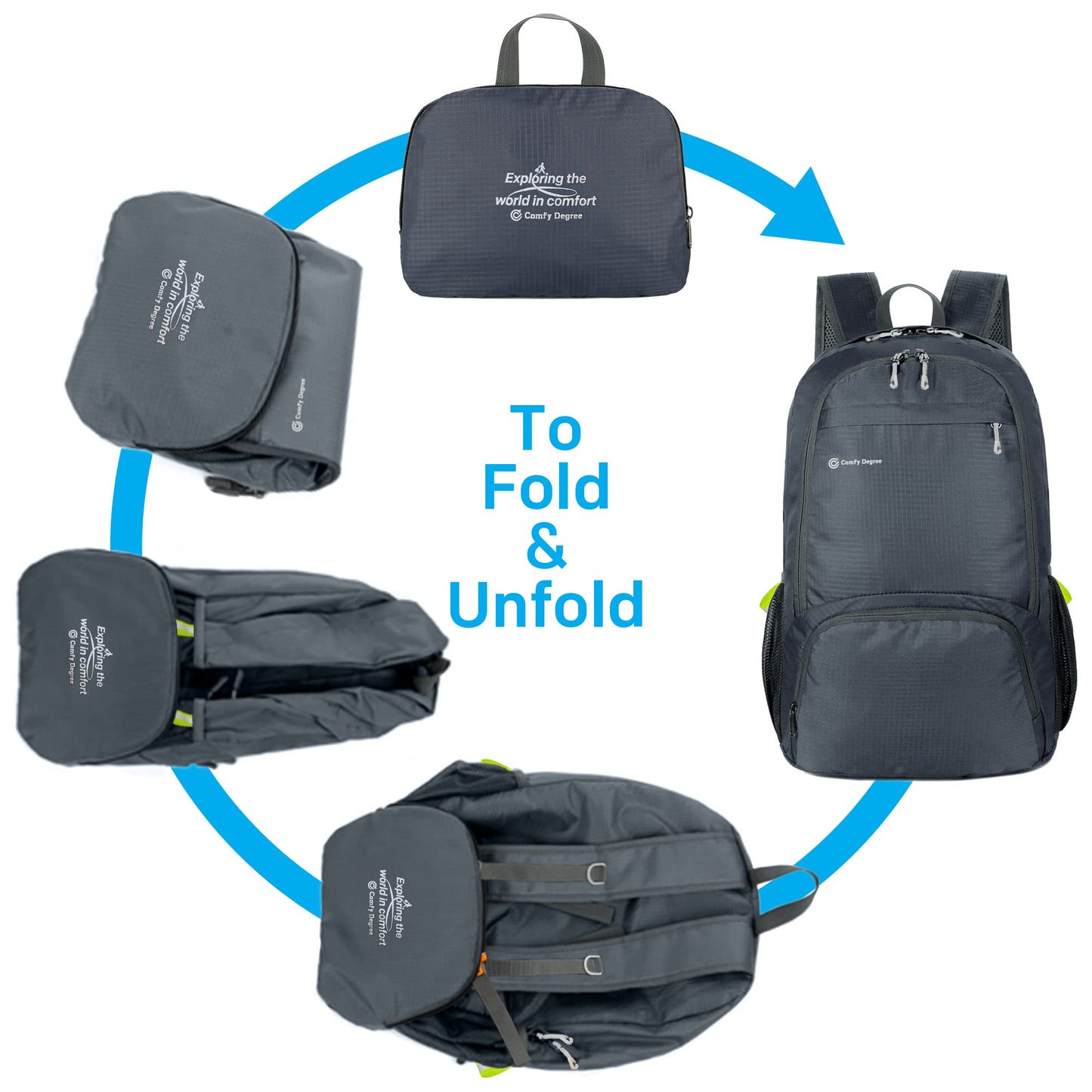 ComfyDegree Ultralight Foldable Hiking Backpack | 30L Packable, Waterproof, Lightweight, Travel Rucksack | Men & Women Large Bag for Work, Gym, Outdoor Camping, Walking, Cycling, Sport Daypack (Gray)