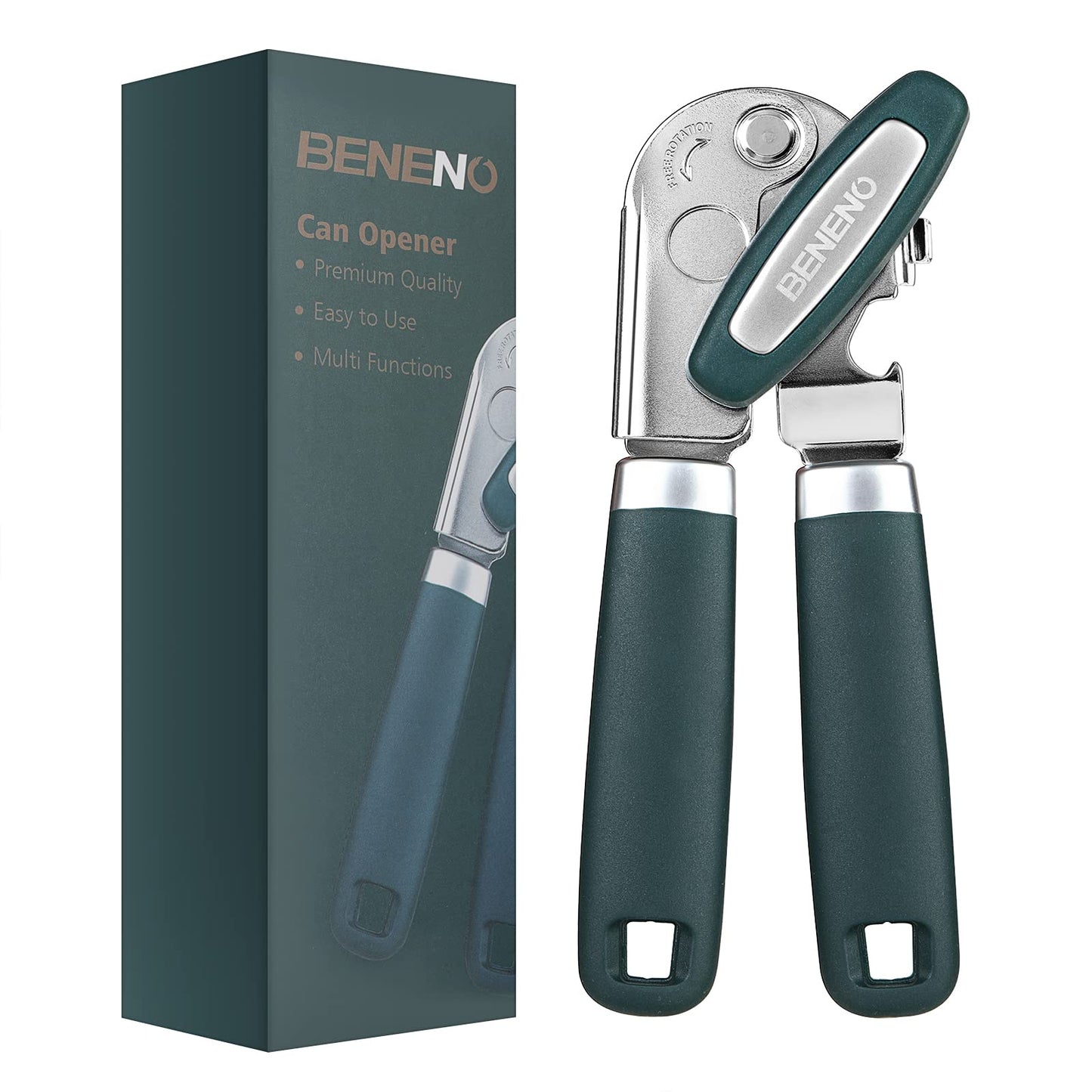 Beneno Heavy Duty Hand Can Opener Manual with Magnet, Durable Sharp Carbon Steel Blade Smooth Cutting, Big Effort-Saving Knob & Soft Grip Handle, Multifunctional Kitchen Tool with Bottle Opener, Green