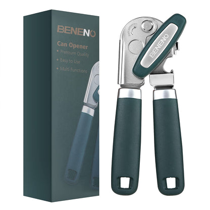 Beneno Heavy Duty Hand Can Opener Manual with Magnet, Durable Sharp Carbon Steel Blade Smooth Cutting, Big Effort-Saving Knob & Soft Grip Handle, Multifunctional Kitchen Tool with Bottle Opener, Green
