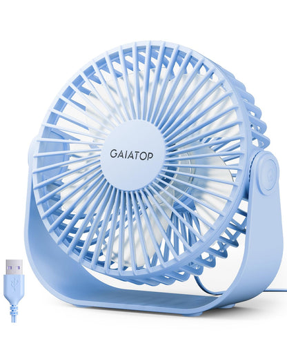 Gaiatop USB Desk Fan, 3 Speeds Strong Airflow, 5.5 Inch Portable 90° Rotate Quiet Cooling, Small Personal Table Fans for Bedroom Home Office Travel Blue