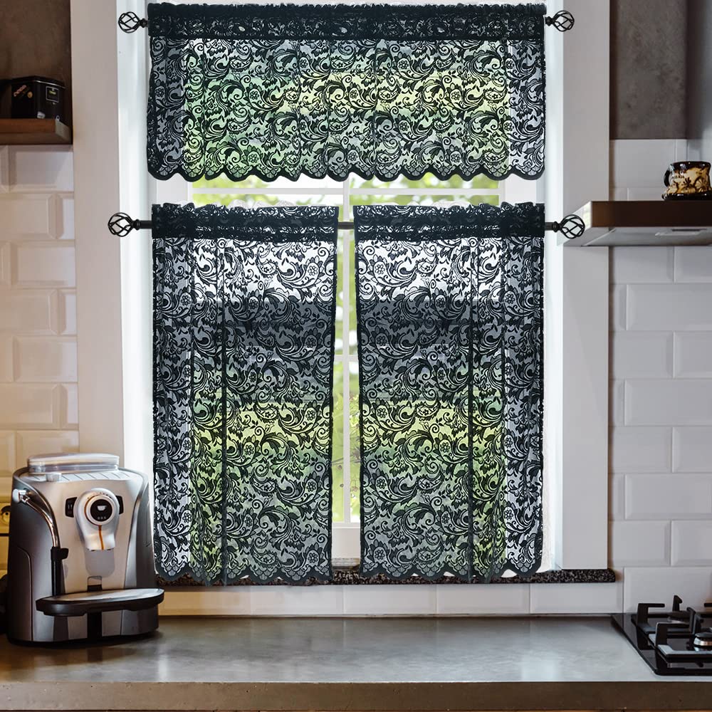Black Lace Kitchen Curtains Tier and Valance Set 3 Pieces Elegant Gothic Cafe Curtains with Valance 36 Inch Length Rod Pocket Witchy/Skull /Halloween Decor for Laundry Room Bathroom RV, 52" x 36"