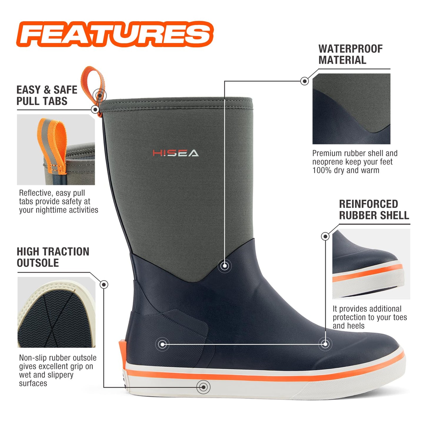 HISEA Men's Rubber Rain Boots Waterproof Garden Fishing Outdoor Deck Boots