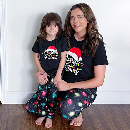 IFFEI Christmas Pajamas for Family Letter Print Matching Holiday PJ's Sets with Short Sleeve Tee and Pants Loungewear Men M Black Red