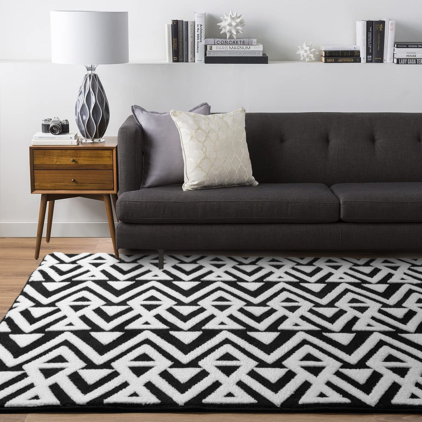 Ompaa Ultra Soft Geometric Bedroom Rugs Memory Foam Carpet, Black 5 x 8 Feet, Cozy Area Rugs for Living Room Couch Dorm Bedside Kids Girls Teens Room Nursery Decor Floor Mat