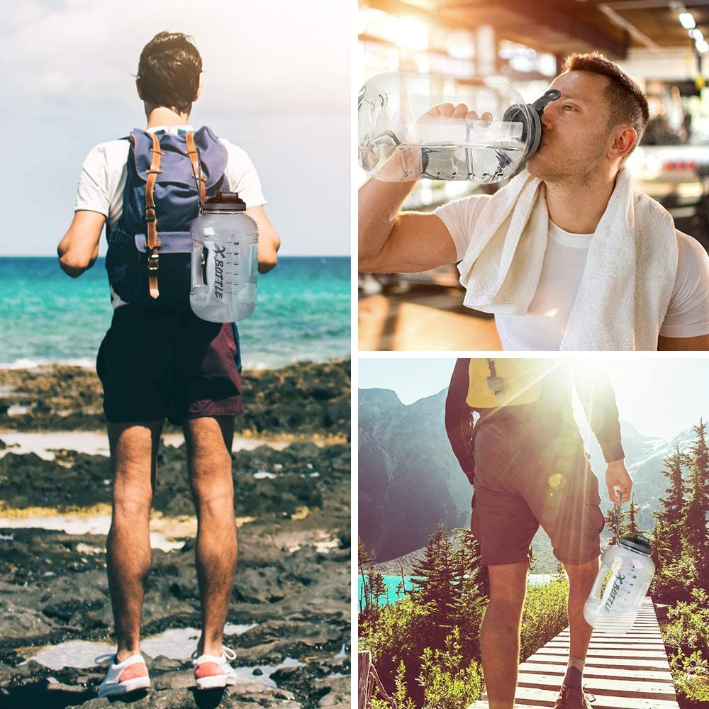 1 Gallon BPA Free Dishwasher Safe 128oz Large Water Bottle with Motivational Time Marker and Handle - Leak-proof Big Black Water Jug for Camping, Sports, Workouts (Chug Lid)