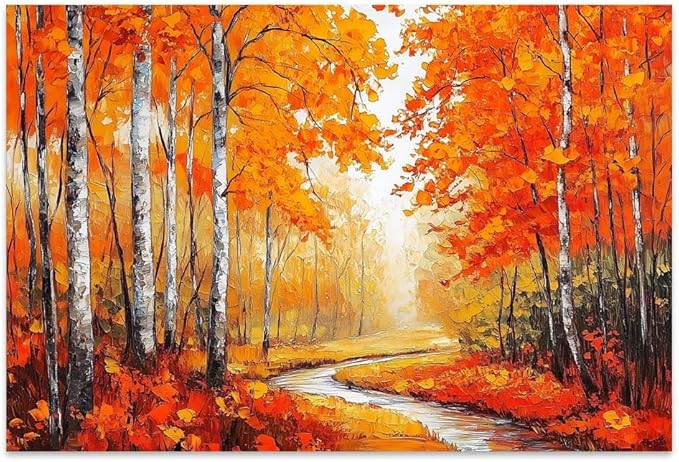 Yesad Autumn Canvas Wall Art, Fall Tree Forest Field Landscape Painting Fall Wall Art Prints Pictures Posters Artwork for Living Room Bedroom Bathroom Home Decor (Unframed,12”x8”,Tree & River)