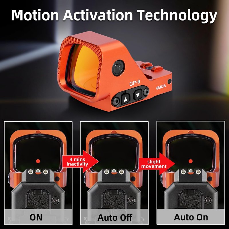 6 MOA Large Window Red/Green Dot Sights - GOWUTAR GP-9 RMR Footprint Red Dot Optic - Motion Awake - 7075 Aluminum IPX7 Waterproof Open Reflex Sights (Red Dot, Orange)