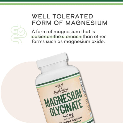 Magnesium Glycinate 400mg, 180 Capsules (Vegan Safe, Manufactured and Third Party Tested in The USA, Gluten Free, Non-GMO) High Absorption Magnesium by Double Wood Supplements