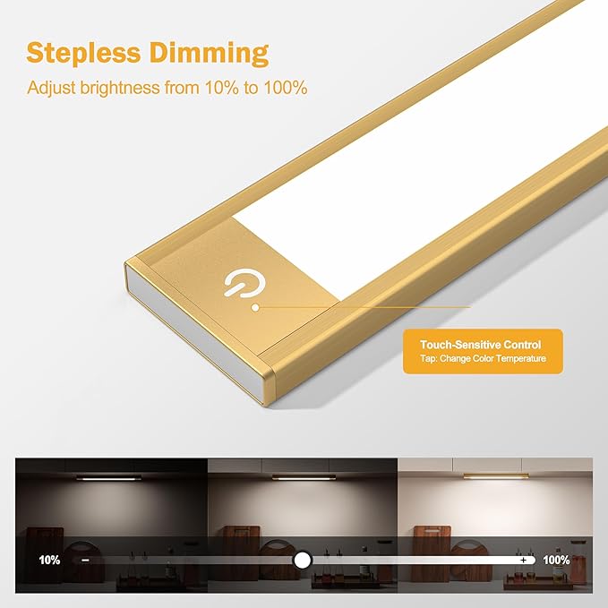 Rechargeable Under Cabinet Lighting, Motion Sensor Wireless Night Light, Dimmable, CCT Adjutable, Magnetic Mount for Kitchen, Closet, Bedroom, Reading, Ambience (Gold, 2 Pack, 9 in)