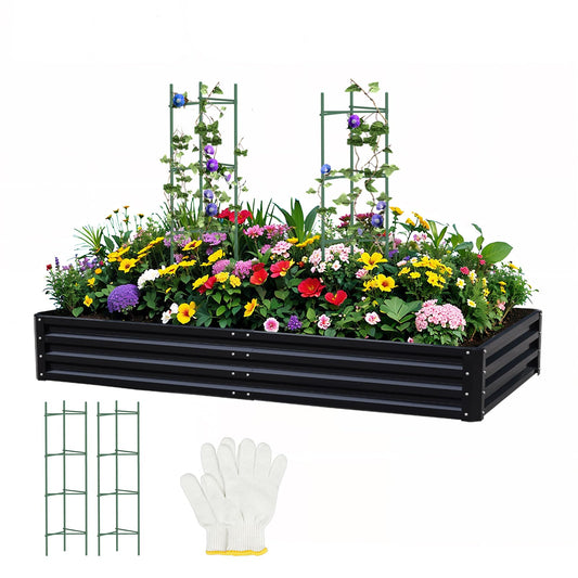 PICNICNI Metal Raised Garden Bed 8x4x1Ft Outdoor Large Metal Galvanized Planter Boxes Kit for Vegetables, Flowers, and Herbs,Garden Beds with 2Pcs Tomato Cage 1Pc Gloves,Black