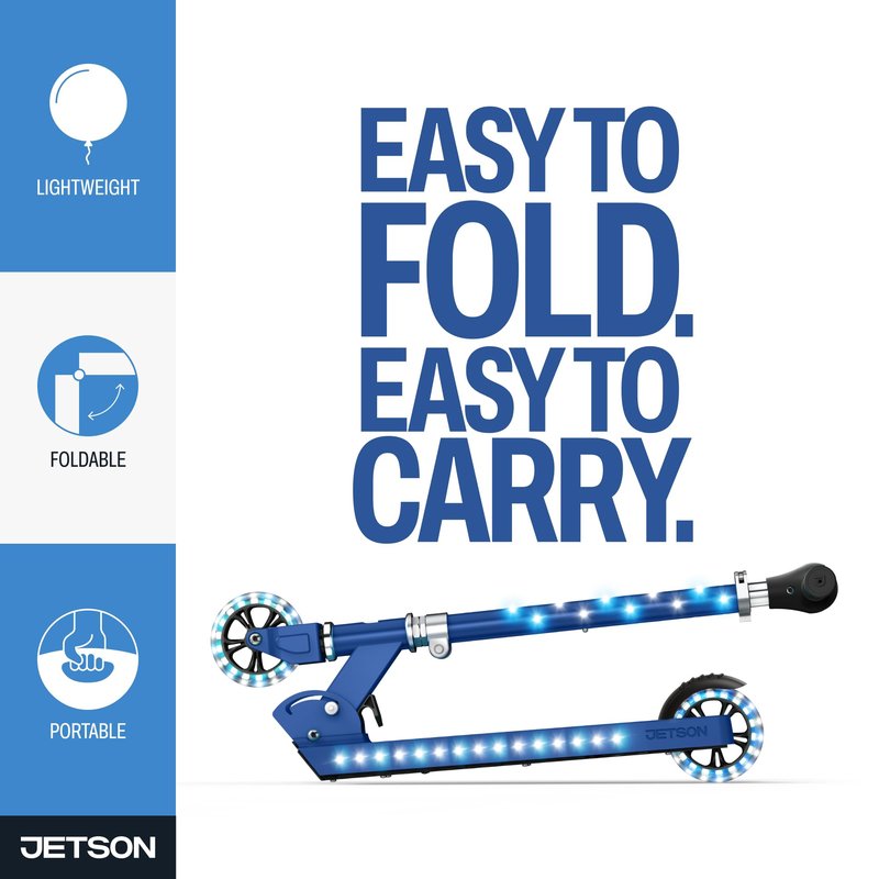 Jetson Scooters - Jupiter Kick Scooter (Blue) - Collapsible Portable Kids Push Scooter - Lightweight Folding Design with High Visibility RGB Light Up LEDs on Stem, Wheels, and Deck