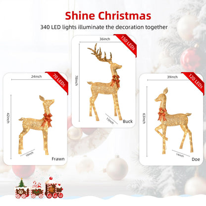 HOYECHI 6.5 FT Oversized Christmas Decorations Outdoor Lighted Reindeer – 3-Piece 3D Deer Family Set with 340 Warm White LED Lights for Yard, Lawn, Garden & Porch Holiday Display - Gold