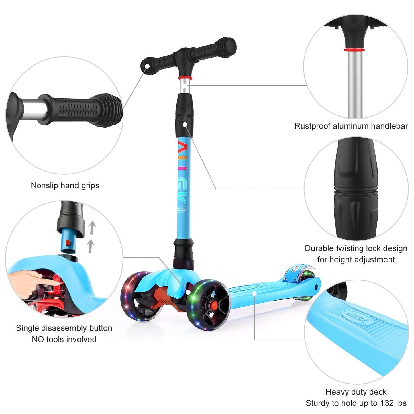 Allek Kick Scooter B02, Lean 'N Glide Scooter with Extra Wide PU Light-Up Wheels and 4 Adjustable Heights for Children from 3-12yrs (Aqua Blue)