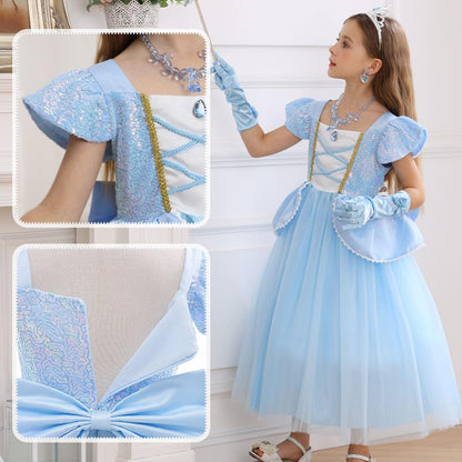 iTVTi Princess Cinderella Costume for Girls Kids Cosplay Dress Carnival Halloween Party Outfit, Blue, 5-6 Years