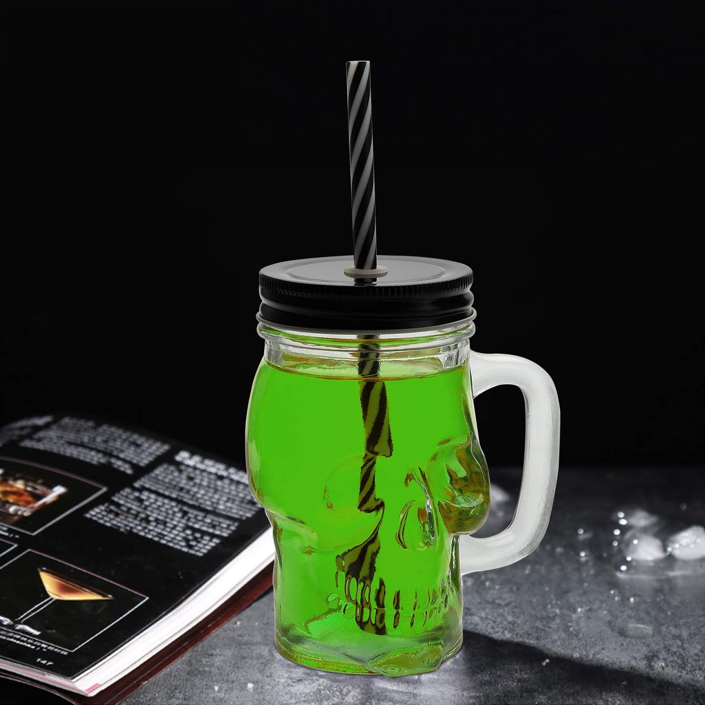 TOPZEA 6 Pack Skull Mason Jars with Handle, 16 Oz Glass Beer Mugs Gothic Wide Mouth Tumbler Cup with Straws and Lids, Novelty Pub Bar Mug Halloween Drinking Glasses for Beverage, Liquor, Mix Cocktail