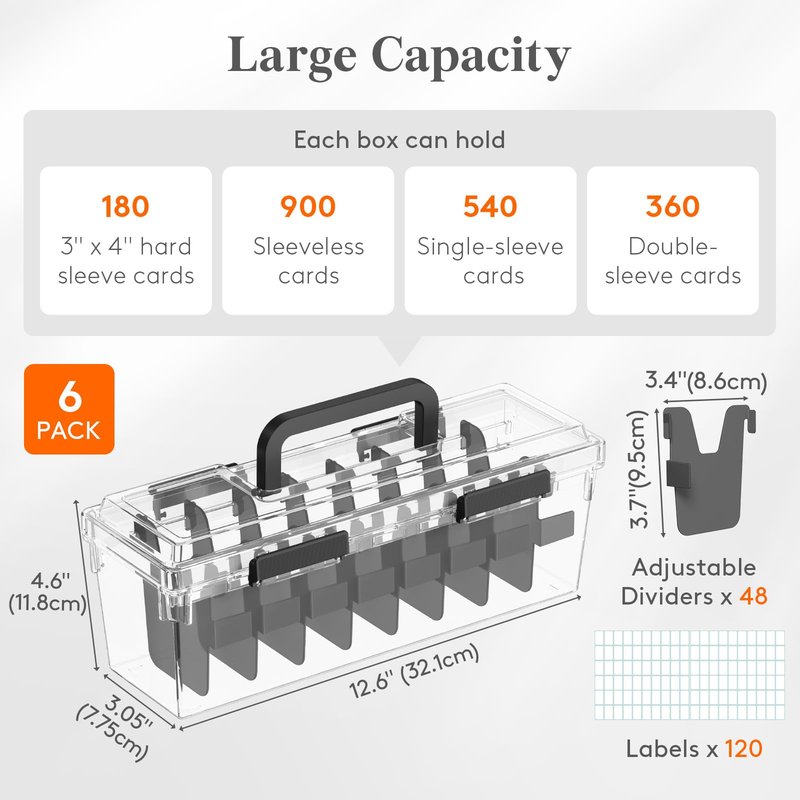 Lifewit Trading Card Storage Box fit for Toploader, Stackable Reinforced Latch Case with 8 Adjustable Dividers, Writable Labels, Organizer for MTG TCG Sports Baseball Bulk Cards, 6 PCS