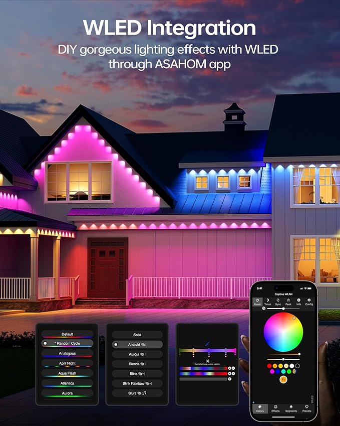 ASAHOM Permanent Outdoor Light Pro S108B, 100FT with 72 RGBCW 70lm LED, WLED Integration, AI Lighting, 30000 Lighting Effect Combination, IP67 Waterproof for Halloween Christmas and Daily Decor, Black
