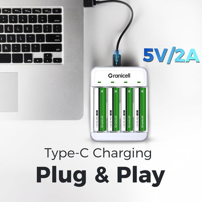 Granicell Rechargeable AA Batteries with Charger, 2800mAh 4-Pack NiMH Double A Batteries with Smart 4 Bay USB Fast Charging Battery Charger for Ni-MH Ni-CD