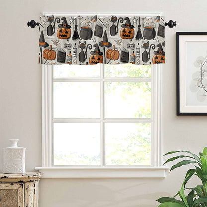 ALAGEO Halloween Valances Windows Curtain Pumpkin with Witch Hat Kitchen Valances Rod Pocket Black Cat Retro Style Short Topper Curtains for Kitchen Bathroom Living Room 1 Panel,54 by 18 inches