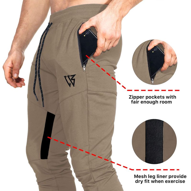 ZENWILL Mens Tapered Workout Running Pants,Gym Jogger Training Sweatpants Slim Fit with Zip Pockets (Medium, Beige)