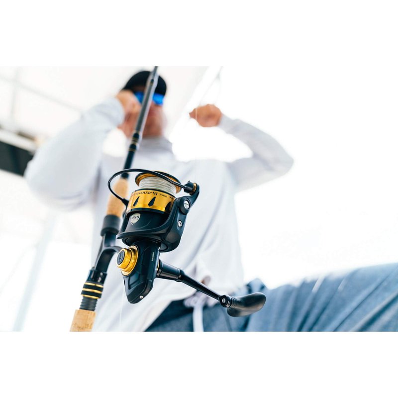 PENN Spinfisher VI Spinning Nearshore/Offshore Fishing Reel, HT-100 Front Drag, Max of 50lb | 22.6kg, Made with an All-Metal Reel Body and Spool Design,Black Gold, 10500, Black Gold