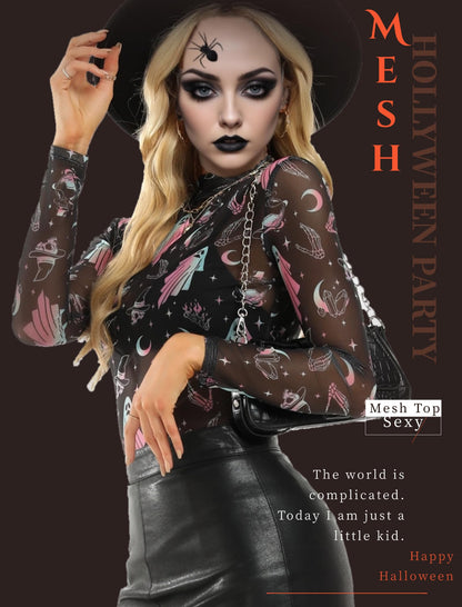 BemorRun Floral Mesh Long Sleeve Tops for Women Mock Neck See Through Fitted Sexy Going Out Top(Black Pink Specter,XL)