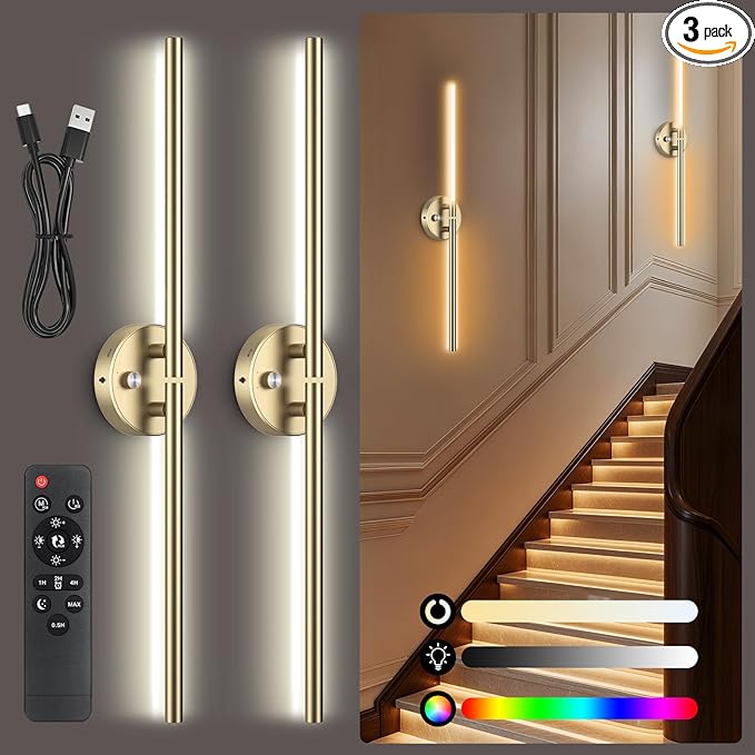 Battery Operated Wall Sconce Set of 2,Wireless Wall Lights with Remote, 360°DIY Rotatable RGB Lamp with Timer, 3000K-6500K LED Dimmable Wall Decor for Vanity, Living Room, Hallway Gold