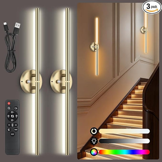Battery Operated Wall Sconce Set of 2,Wireless Wall Lights with Remote, 360°DIY Rotatable RGB Lamp with Timer, 3000K-6500K LED Dimmable Wall Decor for Vanity, Living Room, Hallway Gold