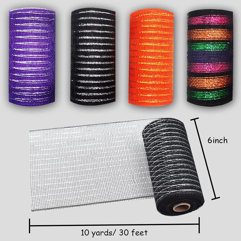 NBHH Halloween Mesh Ribbon Deco Fall Metallic Foil Black Purple Orange Green Border Striped Deco Mesh Wire Ribbon Rolls for DIY Halloween Wreaths Decorations Wrapping Craft, 4 Rolls(6 inch Wide)