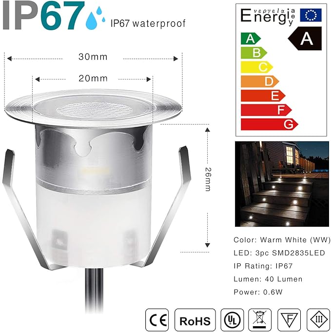 Recessed LED Deck Lighting Kits 12V Low Voltage Warm White Waterproof IP67,Led In Ground Lighting for Steps,Stair,Patio,Floor,Pool Deck,Kitchen,Outdoor LED Landscape Lighting(20Pack)