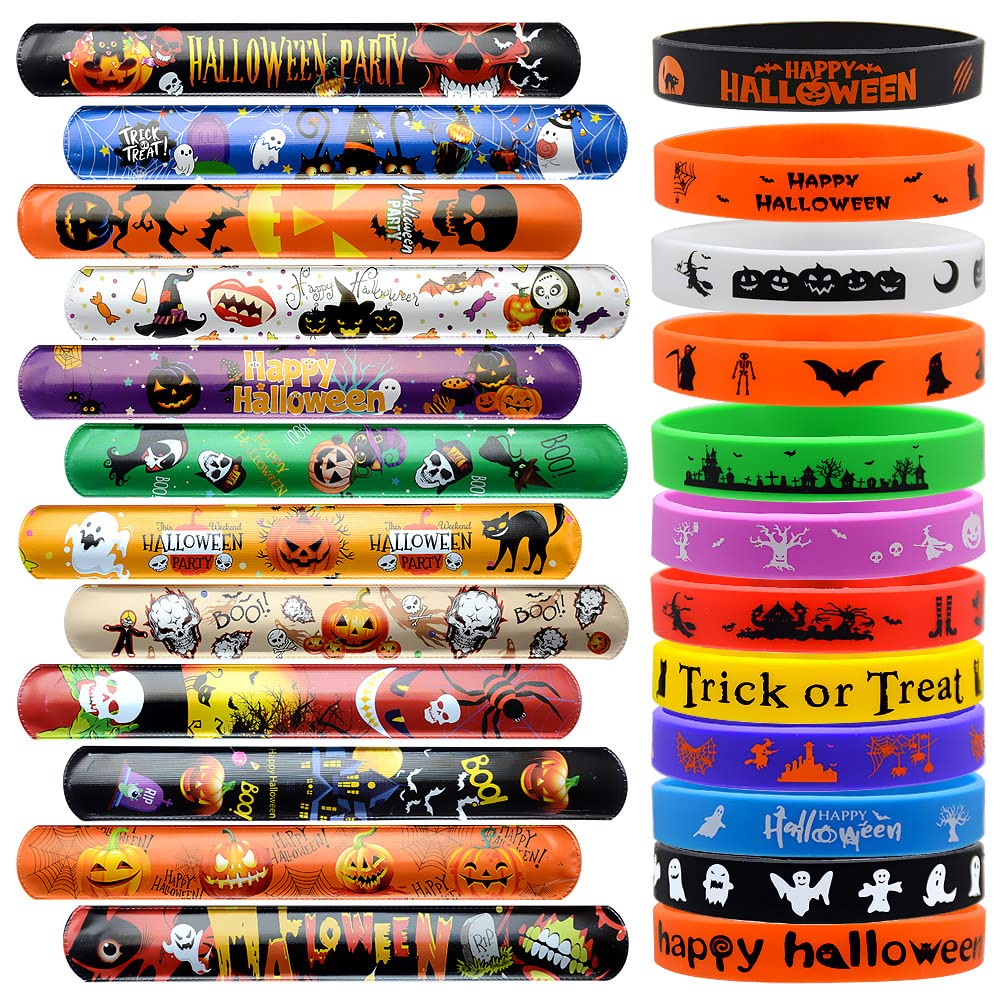 VKTEN 48Pcs Halloween Party Favors Halloween Slap Bracelets Rubber Wristbands Assorted Gifts for Kids - Trick or Treat Toys, Halloween Bag Stuffers Goody Bag Fillers Classroom Prizes
