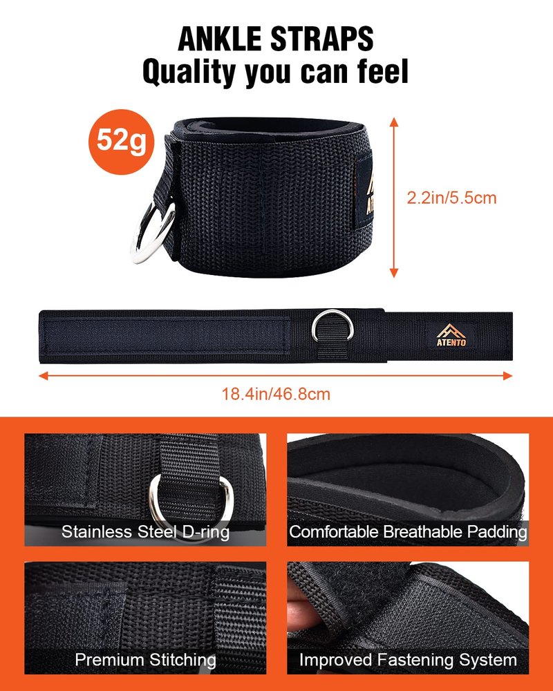 ATENTO 2 Pairs Ankle Strap for Cable Machine, Comfortable Padded Ankle Wrist Cuffs for Kickbacks, Gym, Glutes Workout & Lower Exercises, Adjustable & Breathable Ankle Straps for Women & Men