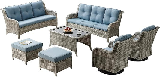Rilyson Patio Furniture Swivel Chairs Set - 7 PC Wicker Rattan Outdoor Sectional Conversation Sets with Rocking Chairs,Ottoman,Sofa and Coffee Table for Porch Deck Garden(Light Grey/Sky Blue)