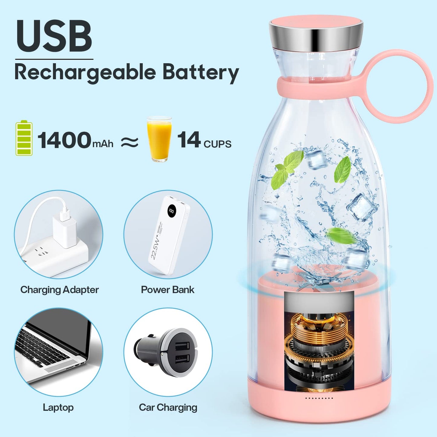MIAOKE Portable Blender,Fashion Portable Blender for Shakes and Smoothies 11.8 Oz,Magnetic USB Fast Charging Mini Mixer Bottle,Take It for Traveling, Outdoor, Gym, Office, Cars, Gift -PK