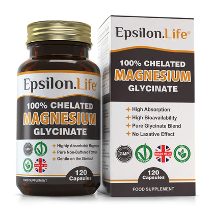 Epsilon Magnesium Glycinate Supplements - Chelated Mg Bisglycinate Supplement - 120 Easy to Take Vegan Capsules - 500mg Unbuffered Magnesium-Glycinate per Capsule - UK-Made