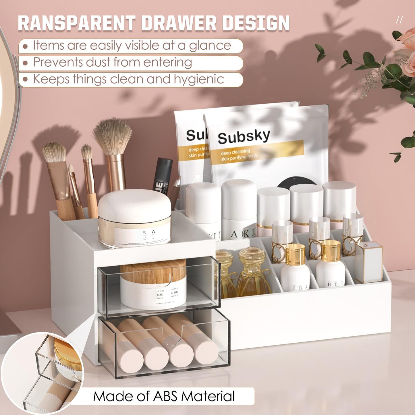 Subsky Makeup Organiser with Drawers, Make Up Storage Cosmetic Dressing Table Organiser Makeup Box with Drawerds for Dresser, Bedroom, Bathroom (White)