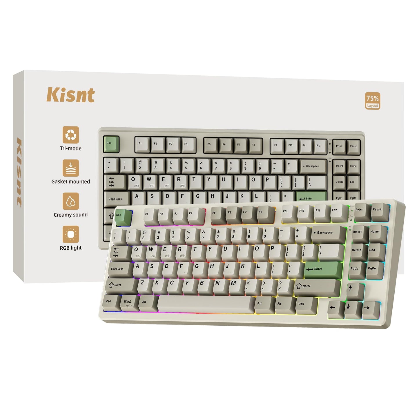 Wireless Mechanical Keyboard,Gasket Mounted with Creamy Sound,Bluetooth/2.4GHz/USB-C,Custom Hot Swappable,RGB Backlit,75% Compact Layout for Gaming/Typing/Win/Mac/PC (Retro Beige,Linear Switch)