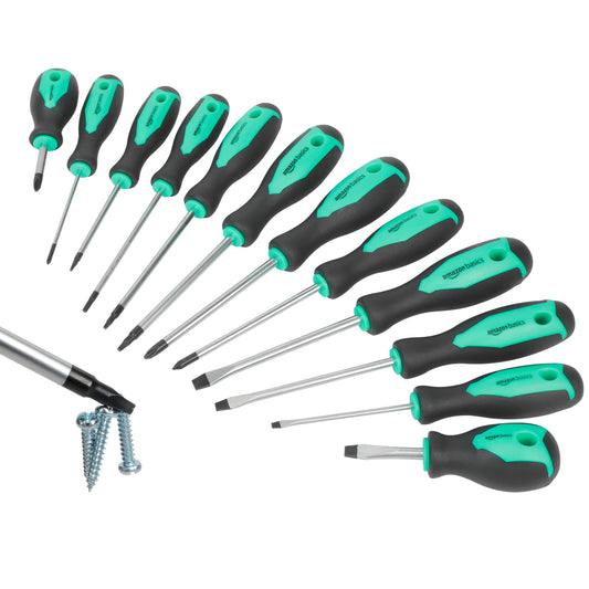 Amazon Basics Magnetic Screwdrivers Set, Includes Phillips, Slotted, Torx, Square, and Stubby Screwdrivers, 12-Piece Hand Tools Set, Turquoise