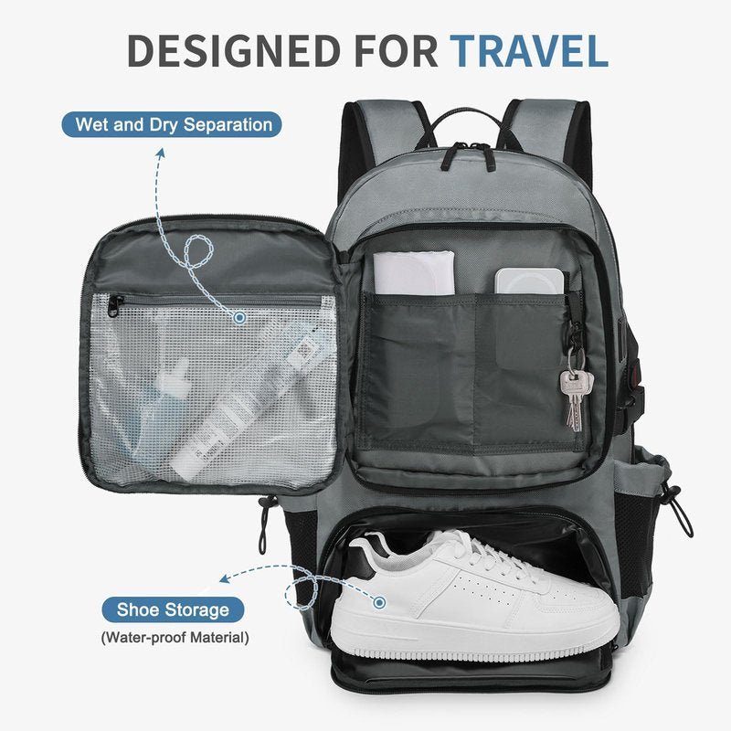 SUIKIHUM Travel Backpack 35L TSA Approved Carry on Backpack with Shoe Compartment & Wet/Dry Separation, Laptop Bag Fits 18.4 Inch Computer, Water Resistant Backpack for Men Women, Grey