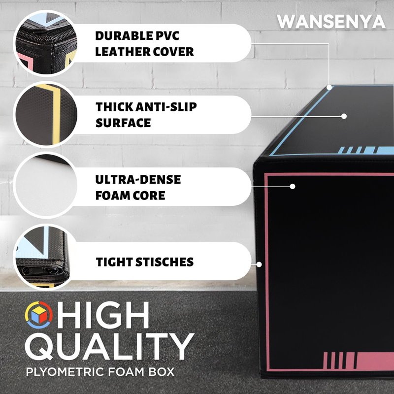 Wansenya 3-in-1 Dense Foam Plyometric Jump Box,20"x18"x16",Stable Non-Slip Box Jumps for Home Gym,Exercise Foam Plyo Box for Fitness Training-Step-Ups,Split Squats,Dips, Box Jump Cube