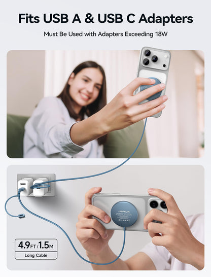JSAUX Wireless Charger for iPhone 17 MagSafe Charger, Magnetic Charger for iPhone 17 Air Pro Max/16/15/14/13/12 Series/Airpods, Aluminum Alloy, USB & USB C Dual Ports, Mag Wireless Charging Pad-Blue