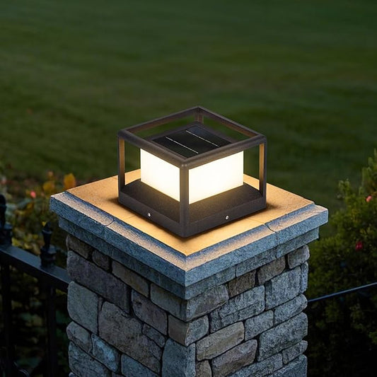 Solar Post Light Outdoor, 9.1" Modern Pillar Lamp Waterproof, Aluminum Column LED Lantern Fence Deck Cap Lights Dusk to Dawn, 3000K Landscape Lighting for Patio Driveway Pathway Garden Entrance